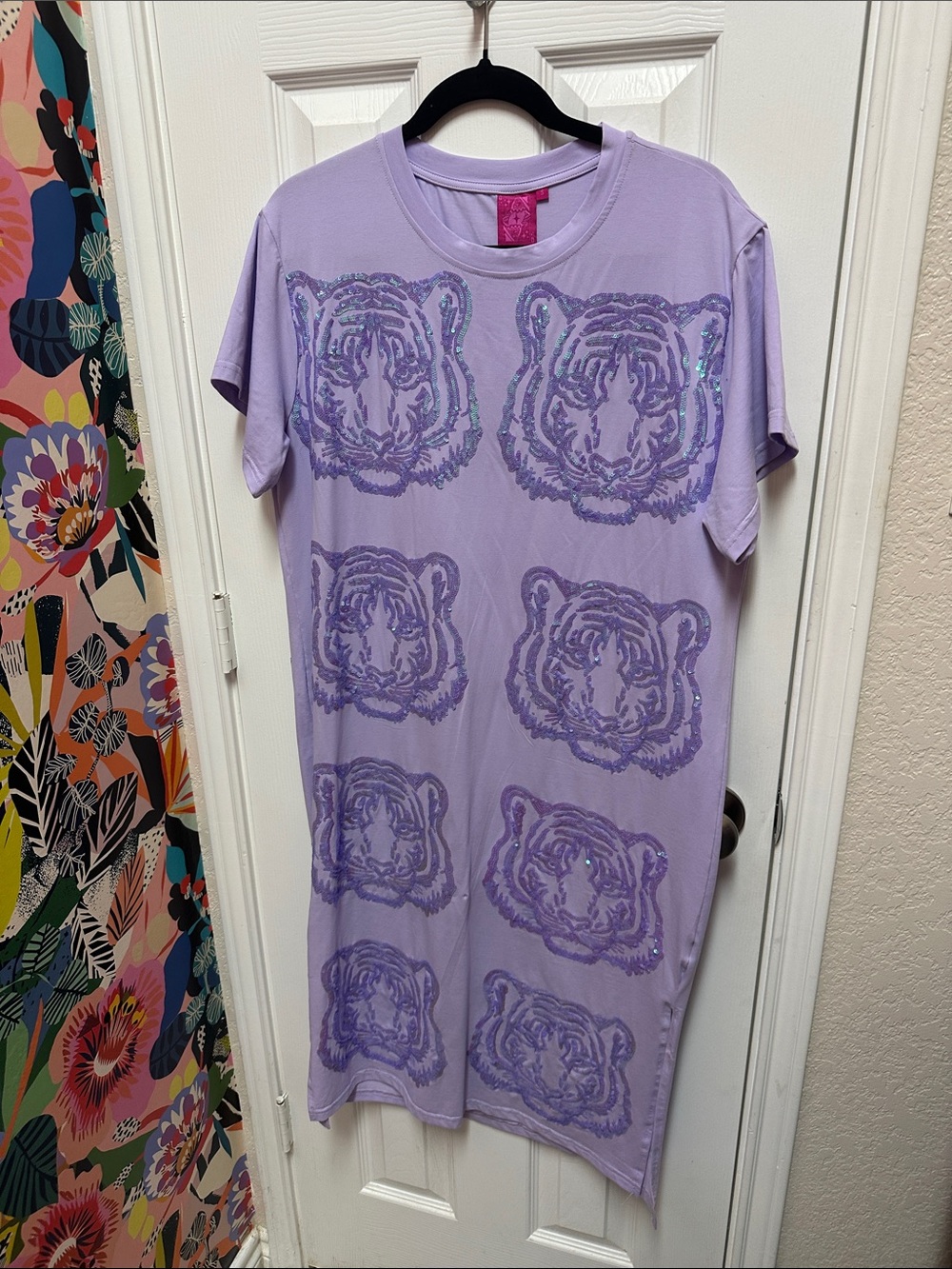 QOS Lavender Tiger Print T-Shirt Dress